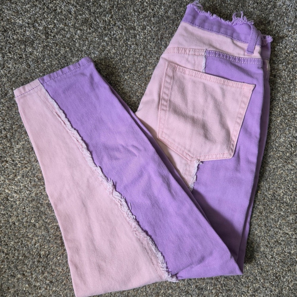 Adika Two Tone Colorblock Frayed Mom Jeans Purple Pink High Waisted Cotton Pants